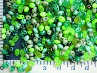Korálky dvoudírkové, neonový zelený mix,twin - preciosa,cca 180ks, 10g