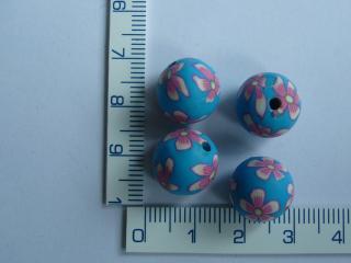 FIMO, modrá kulička s kytičkami, 12mm, 1ks