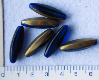 Skleněné korálky,modrozlatý ovál,26x7mm,6ks