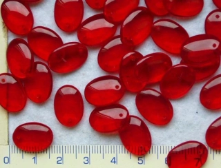 Skleněné korálky, mačkané, červená placička, 15x11mm,cca21ks-20g