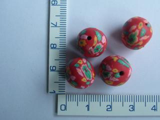 FIMO, červená kulička s kytičkami, 12mm, 1ks
