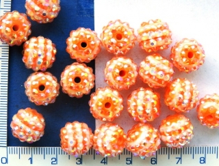 Plastové korálky, oranžová kulička se štrasovými kamínky,14mm,1ks