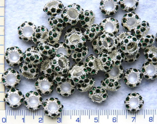Kovové korálky,velkodírkové, korálek s tyrkysový/mi štrasovými kamínky,11x6mm,1ks