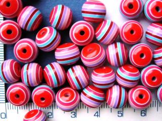 Plastové korálky, červenomodrobarevná proužkovaná kulička,10mm,1ks