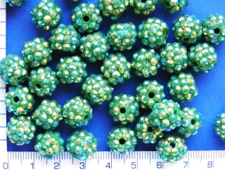 Plastové korálky, zelená kulička s AB štrasovými kamínky,12mm,1ks