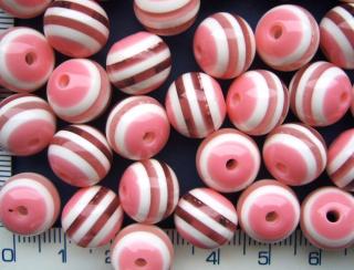 Plastové korálky, 12mm, růžovobílá kulička, 1ks