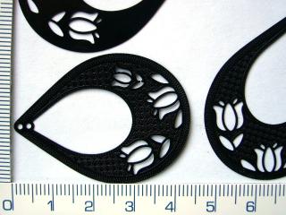 Tvarovaný, lakovaný  plech, 43mm, černá kapka s tulipány, 1ks