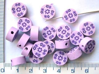 FIMO, 10mm, fialové kolečko s kytičkami, 1ks