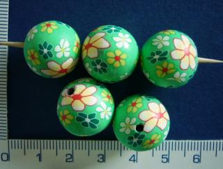 FIMO,16mm,zelená kulička s kytičkami,1ks