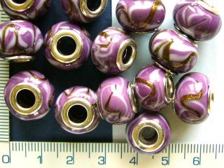 skleněná ,korálek s velkým průtahem, 9x14mm, fialová s kytičkami, 1ks