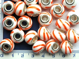 skleněný bílý s oranžovými čarami ,korálek s velkým průtahem, 10x14mm, 1ks