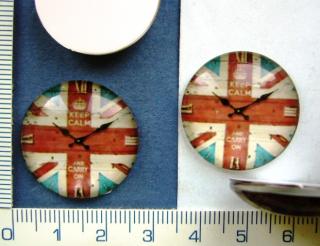 Skleněné kabošony,hodiny-podklad vlajka V.Británie,25mm,1ks