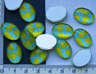 Skleněné kabošony,18x13mm,modrý oválek se žlutou kytkou,1ks